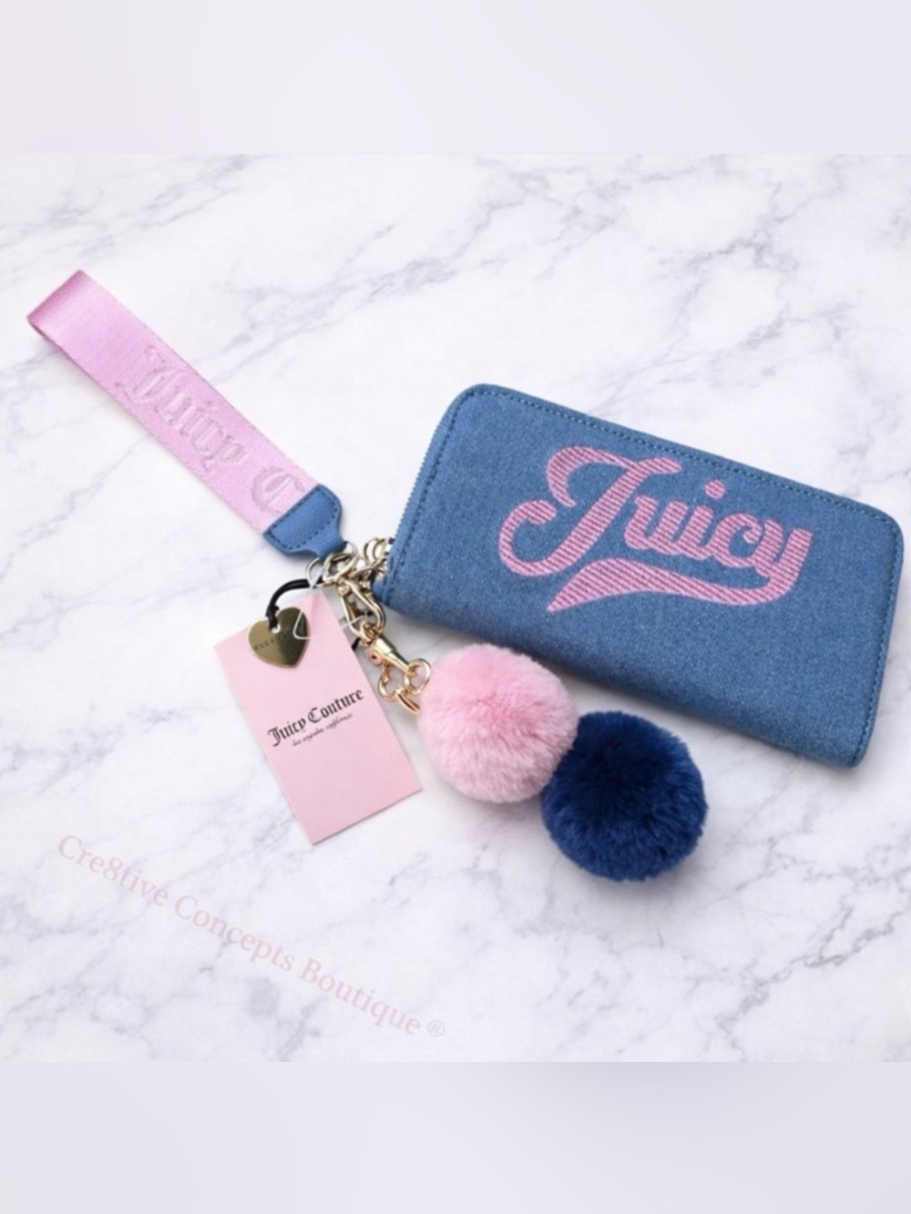 Juicy Couture Denim Too Cute Large Zip-Around Wristlet Wallet & Pom Keychain